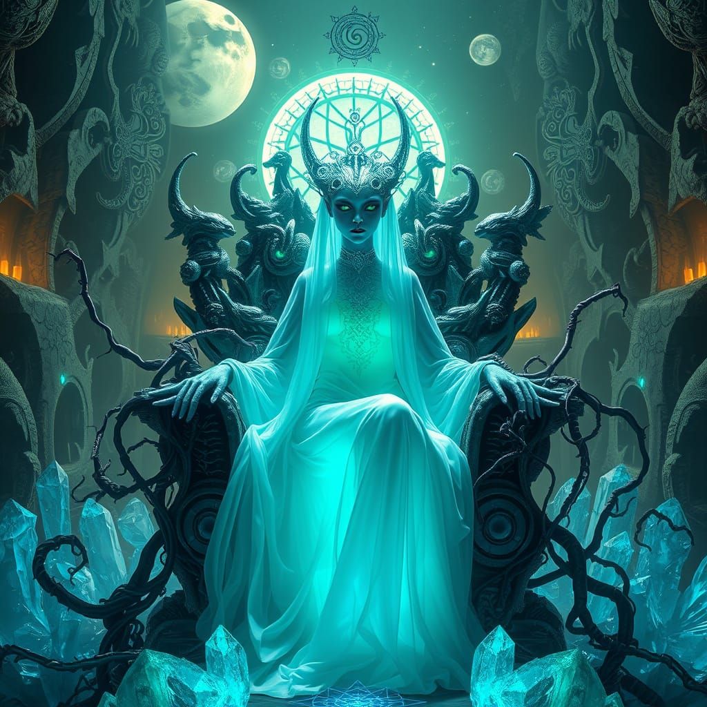 Ethereal Alien Queen Reigns Supreme in Lunar Throne