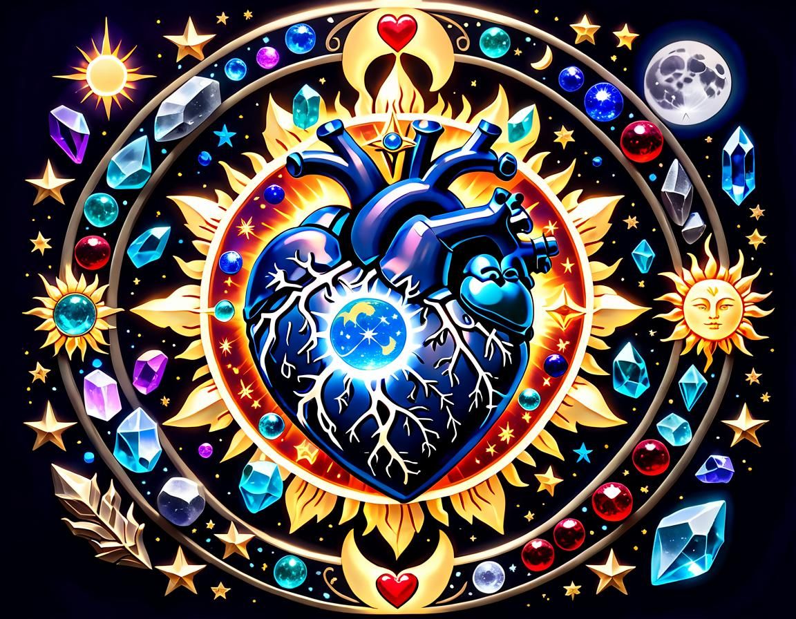 Celestial Heart Surrounded by Crystals and Runes