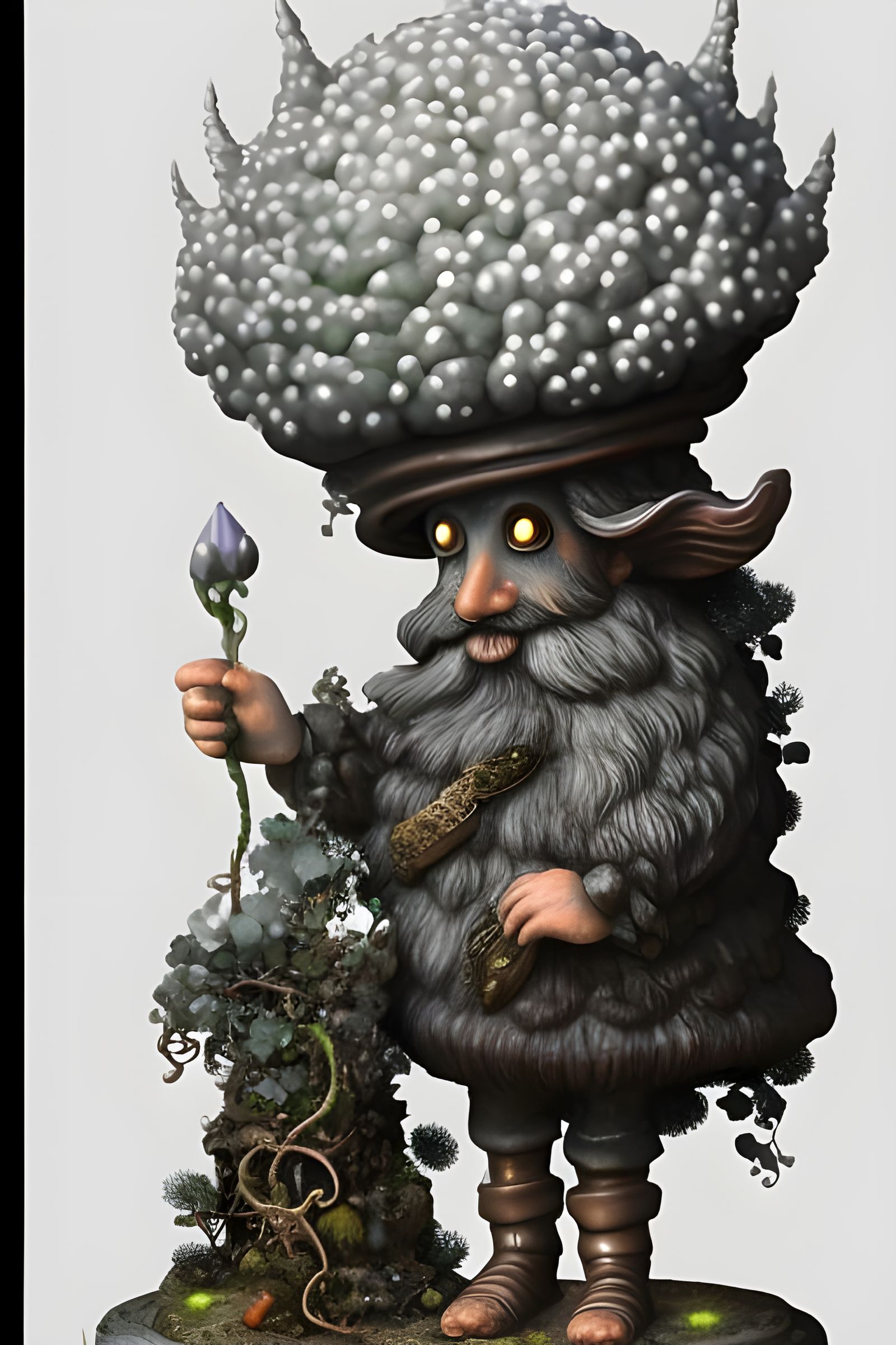 Magical Gnome on Bioluminescent Mushroom in Fantasy Horror S...