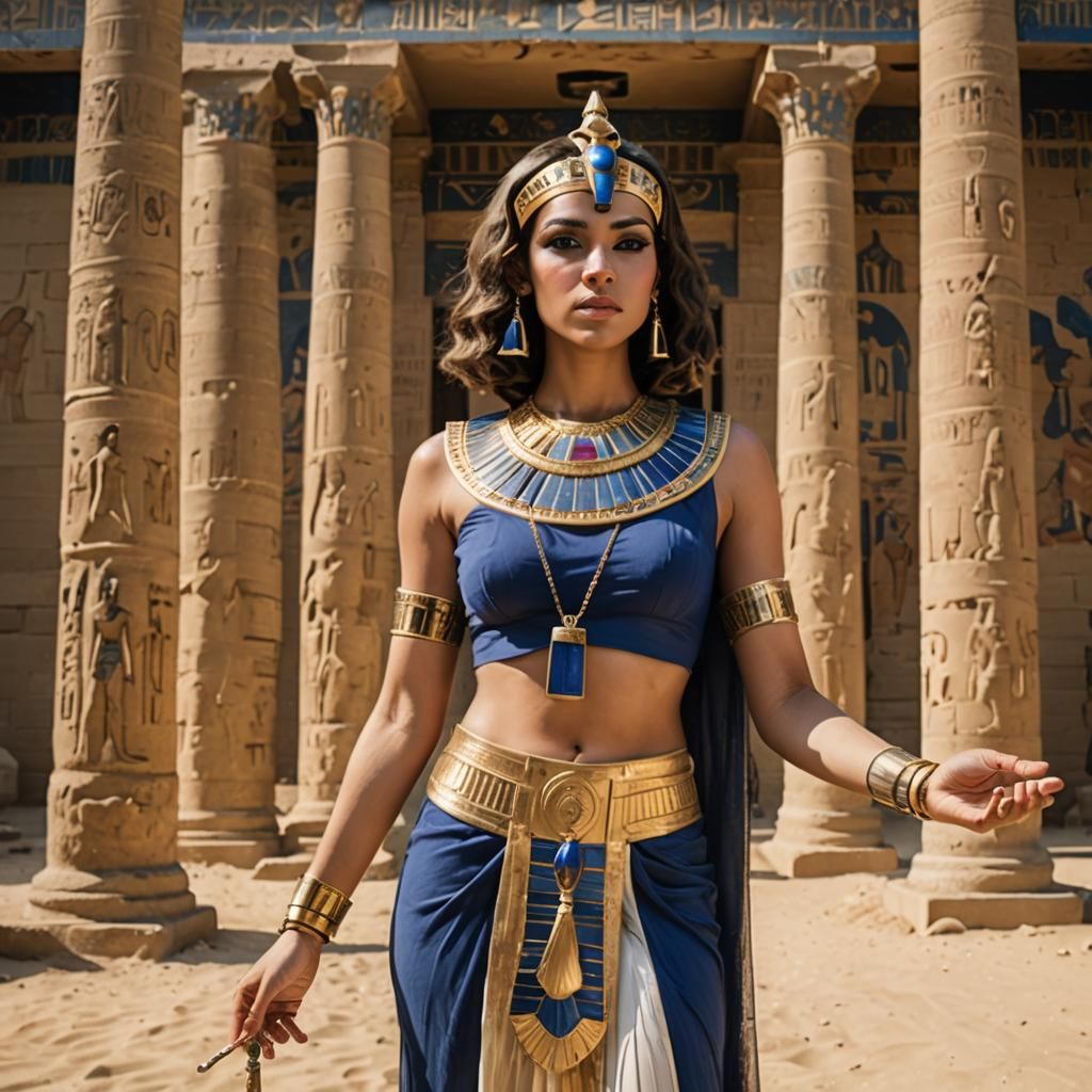 a female Egyptian pharaoh, dressed in royal but revealing at...