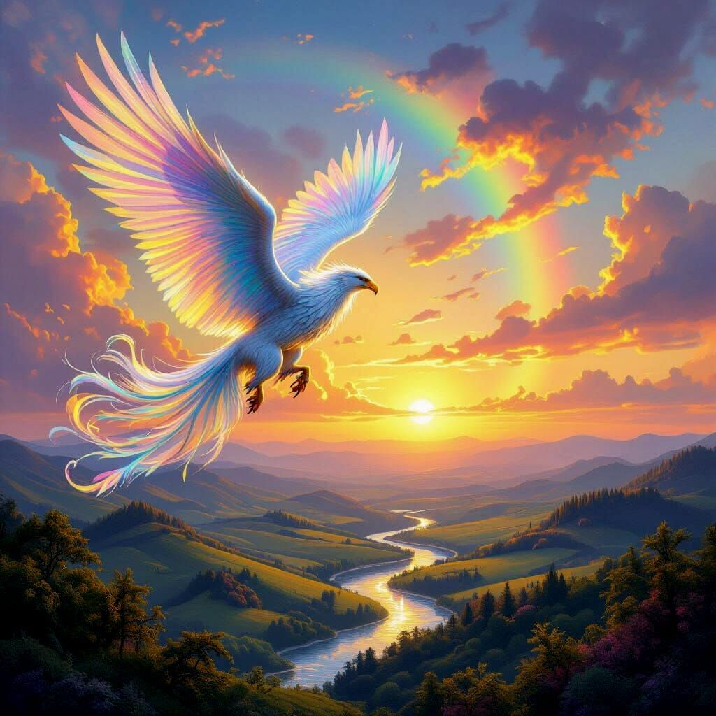 Griffin Soaring Through Rainbow Sky in Fantasy Art Style