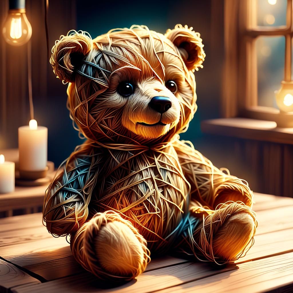 String Teddy Bear on Wooden Table: Digital Art