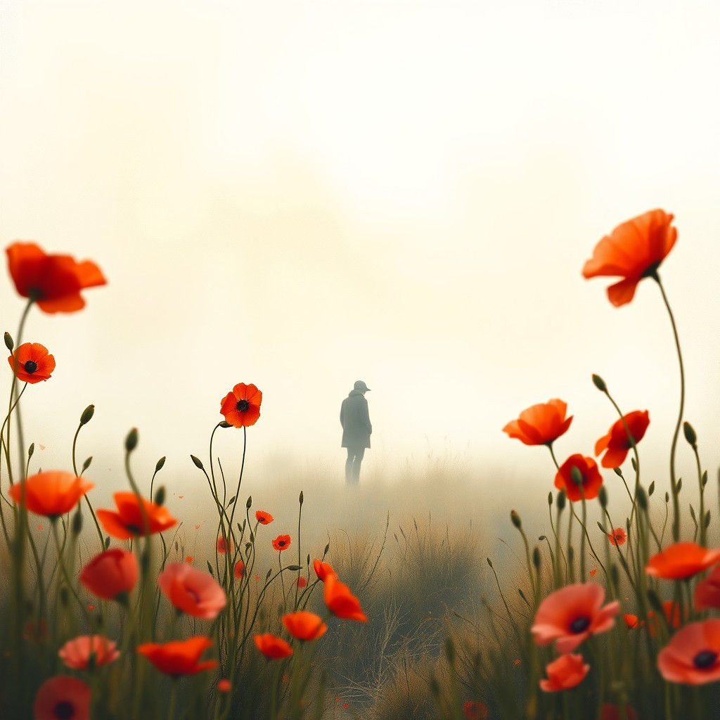 Poignant Poppies in Misty Autumn Landscape Watercolour