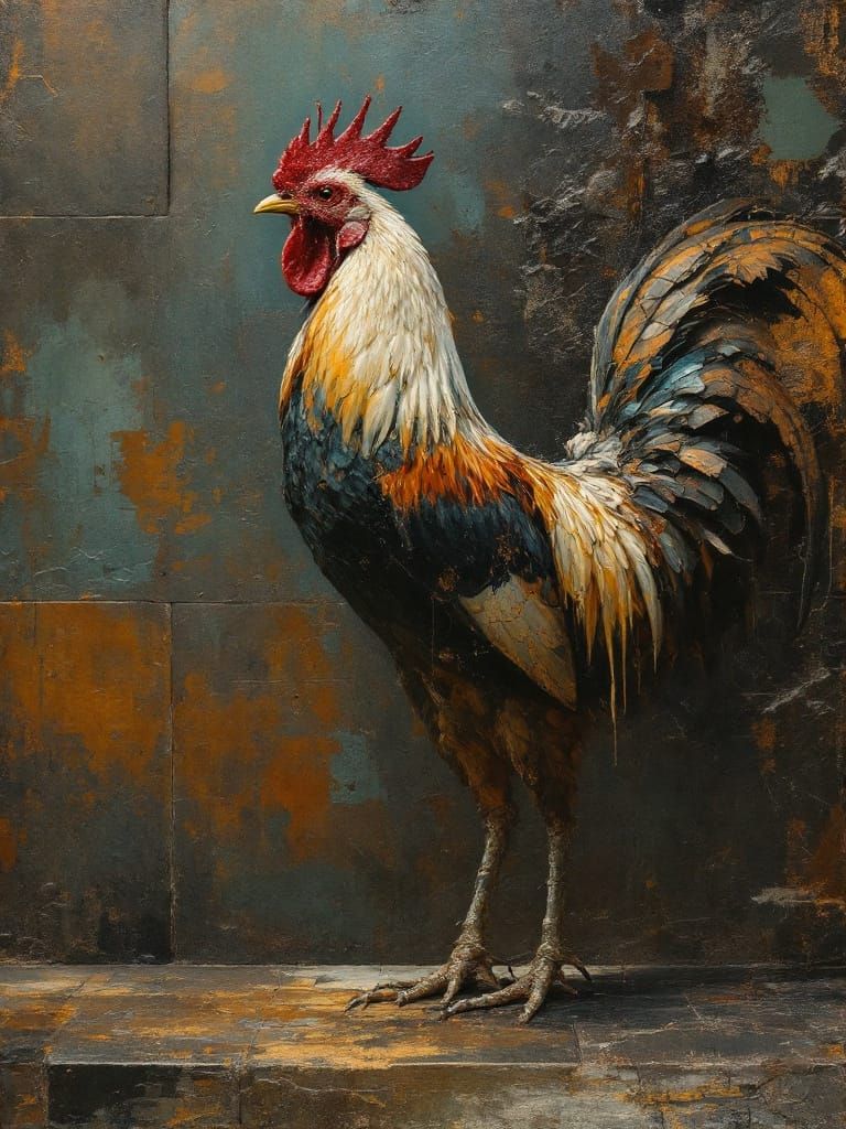 Angry Rooster in Oxidized Metallic Decay and Luminous Glow