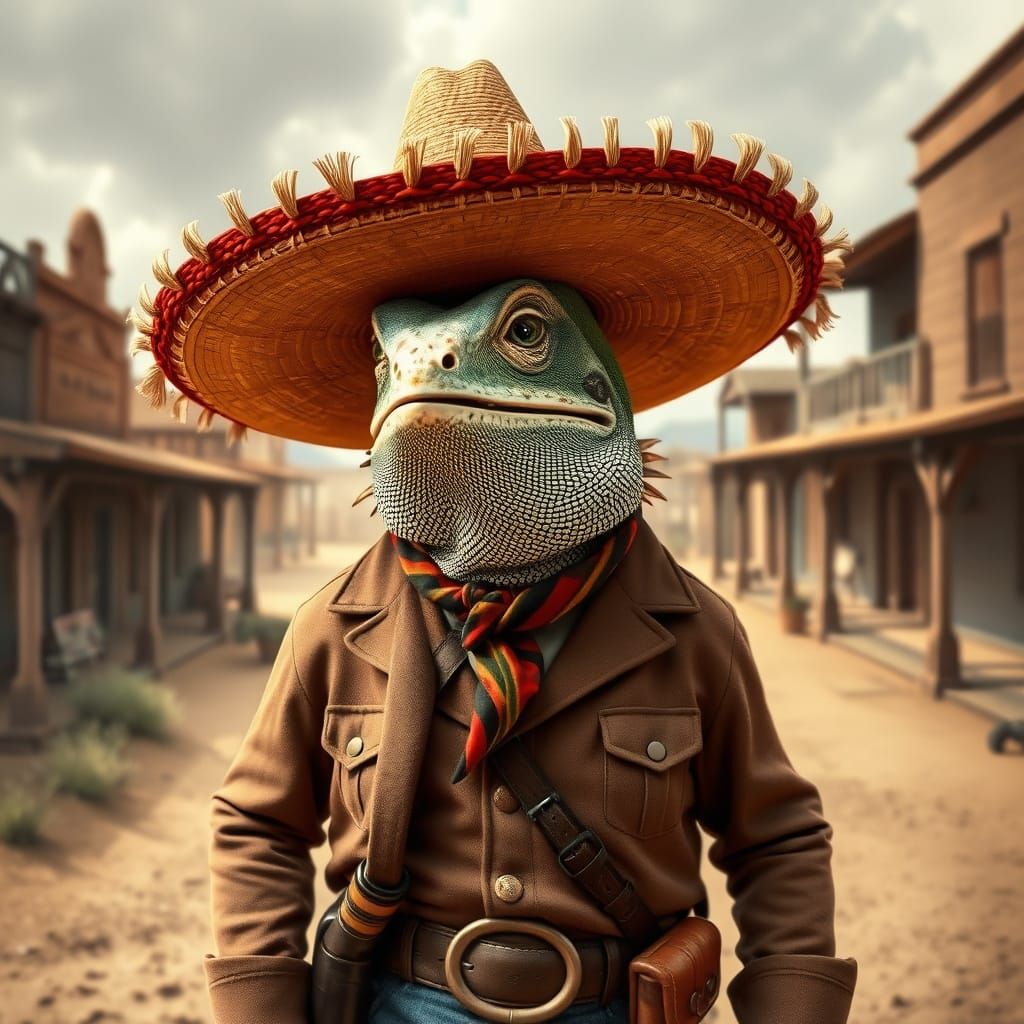 Iguana Sheriff in Old Western Town