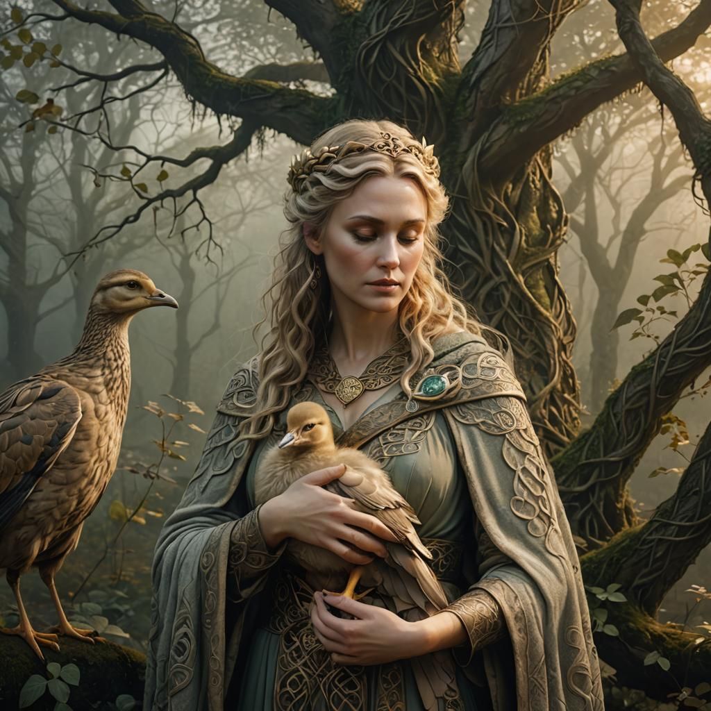 Celtic Goddess with Gosling in Misty Forest