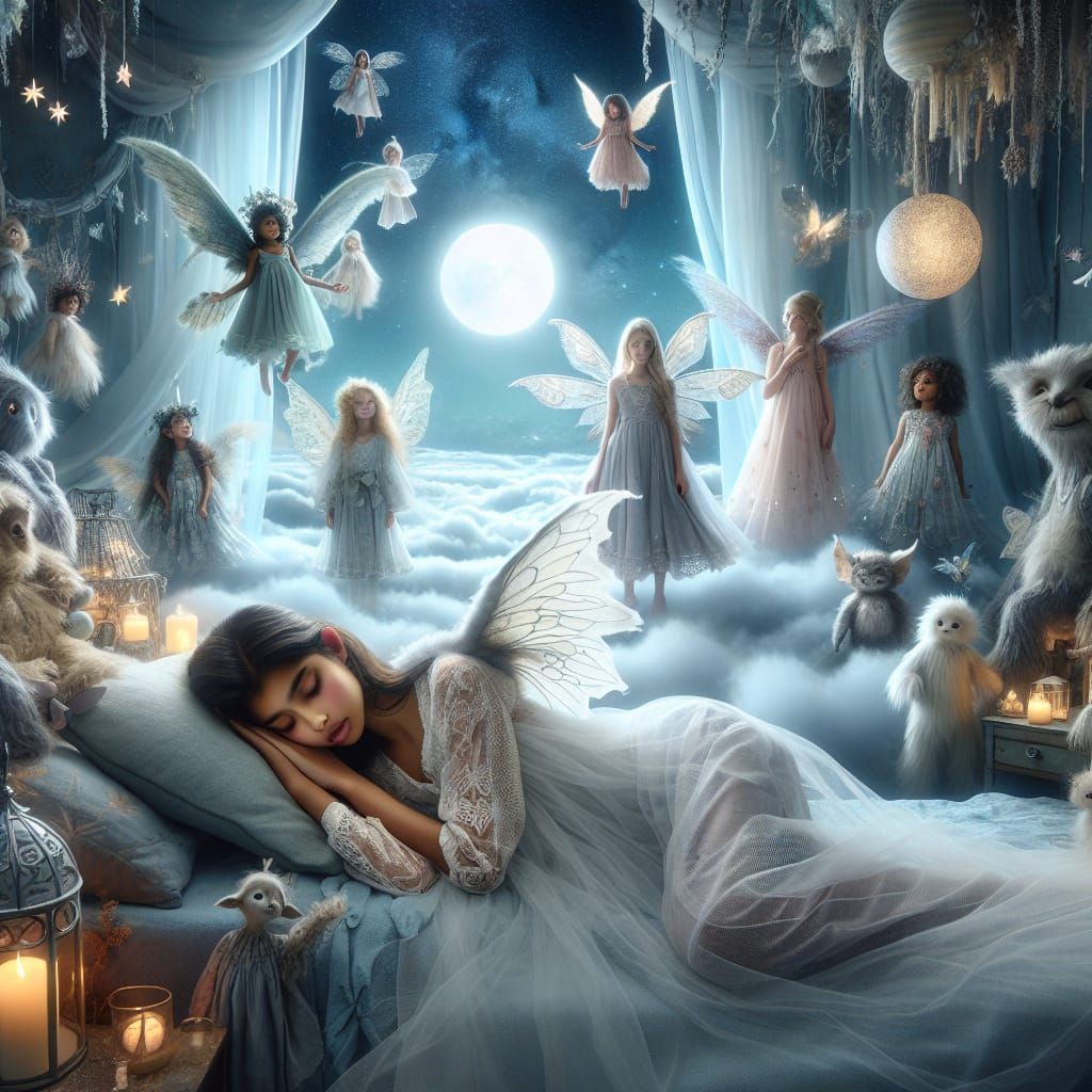 Dreamlike Scene of a Girl Sleeping Amidst Fairies and Stars