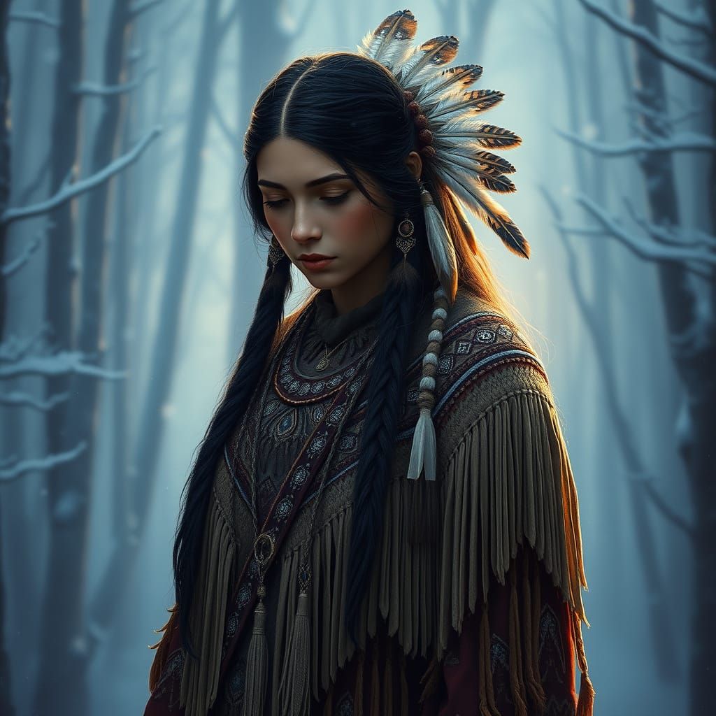 A Native American Woman Contemplates the Cold, Snowy Wildern...