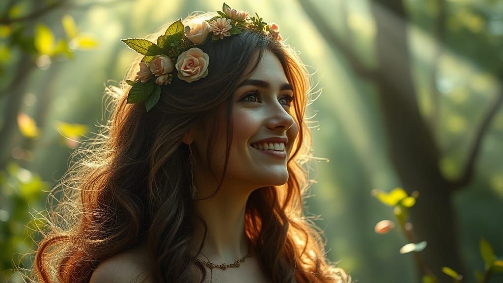 Radiant Spring Goddess in a Lush Green Realm