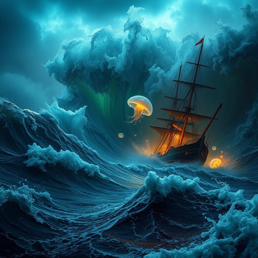 Frozen Storm: Iridescent Jellyfish in a Surreal Ocean