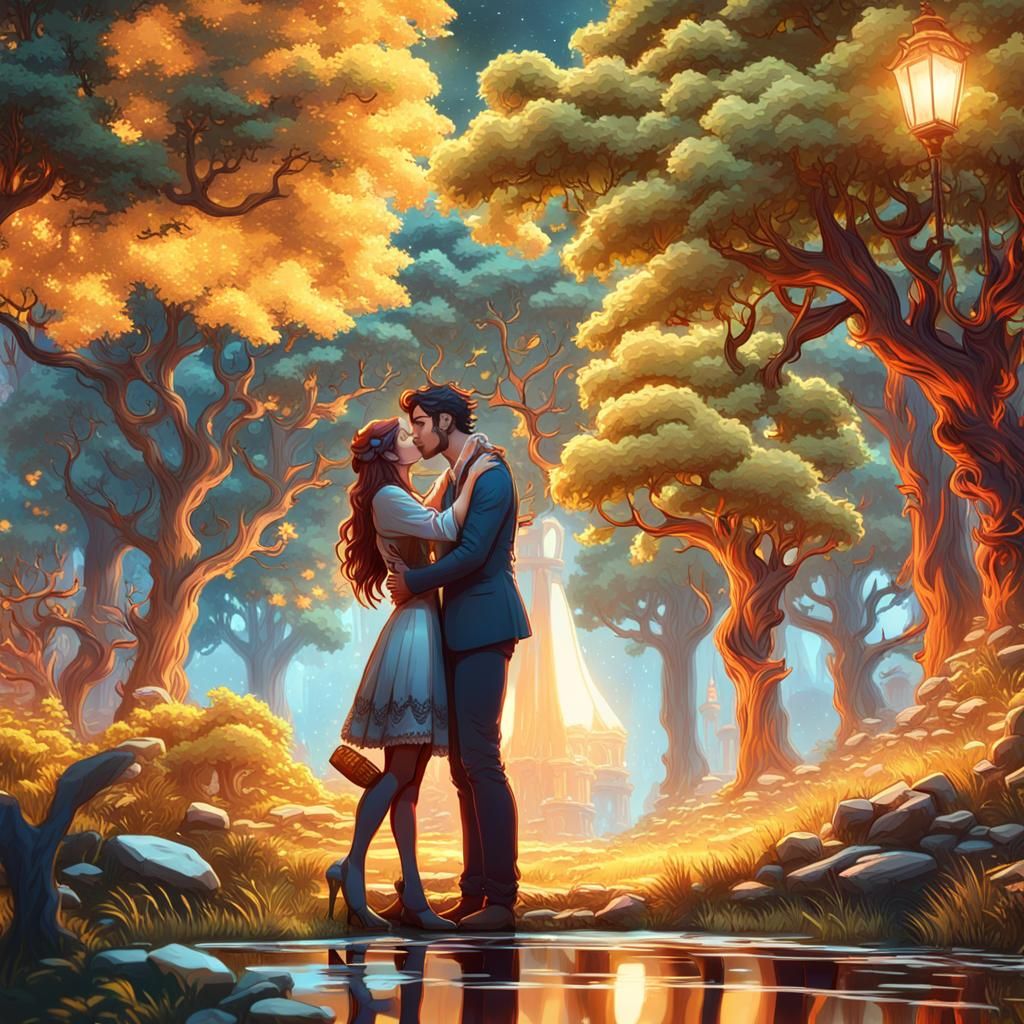 Romantic Kiss Under Trees in Cartoon Style