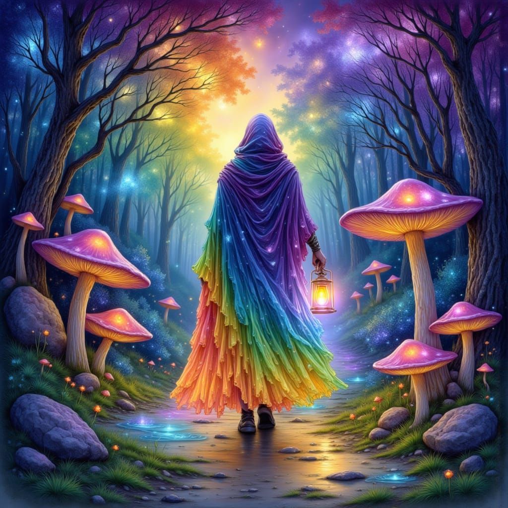 Rainbow Sorcerer in Luminous Mushroom Forest