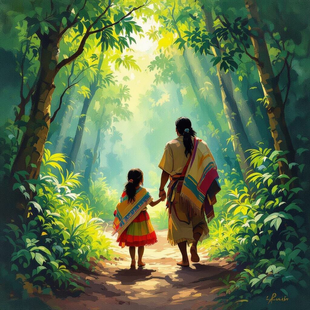 Indigenous Father and Daughter in Sunlit Forest