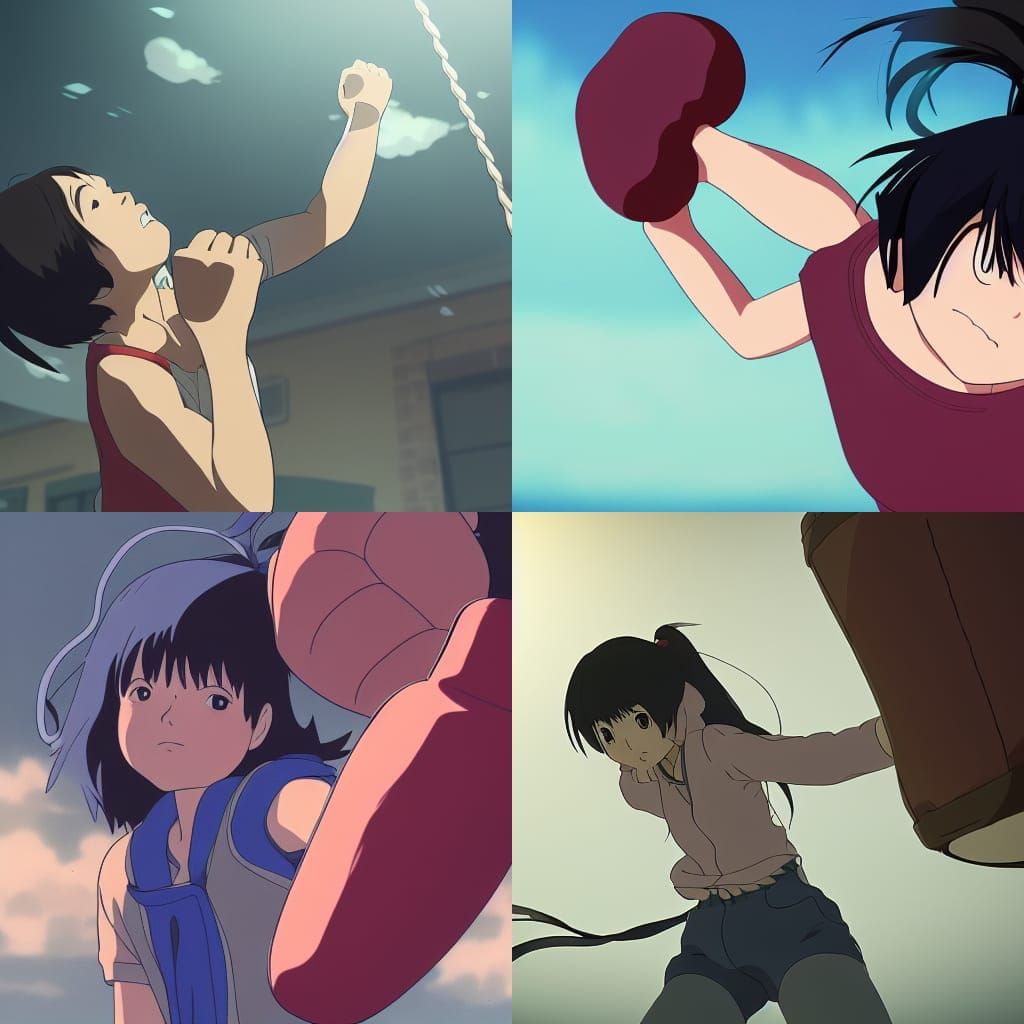 Anime Girl Punches Bag in Ghibli Style