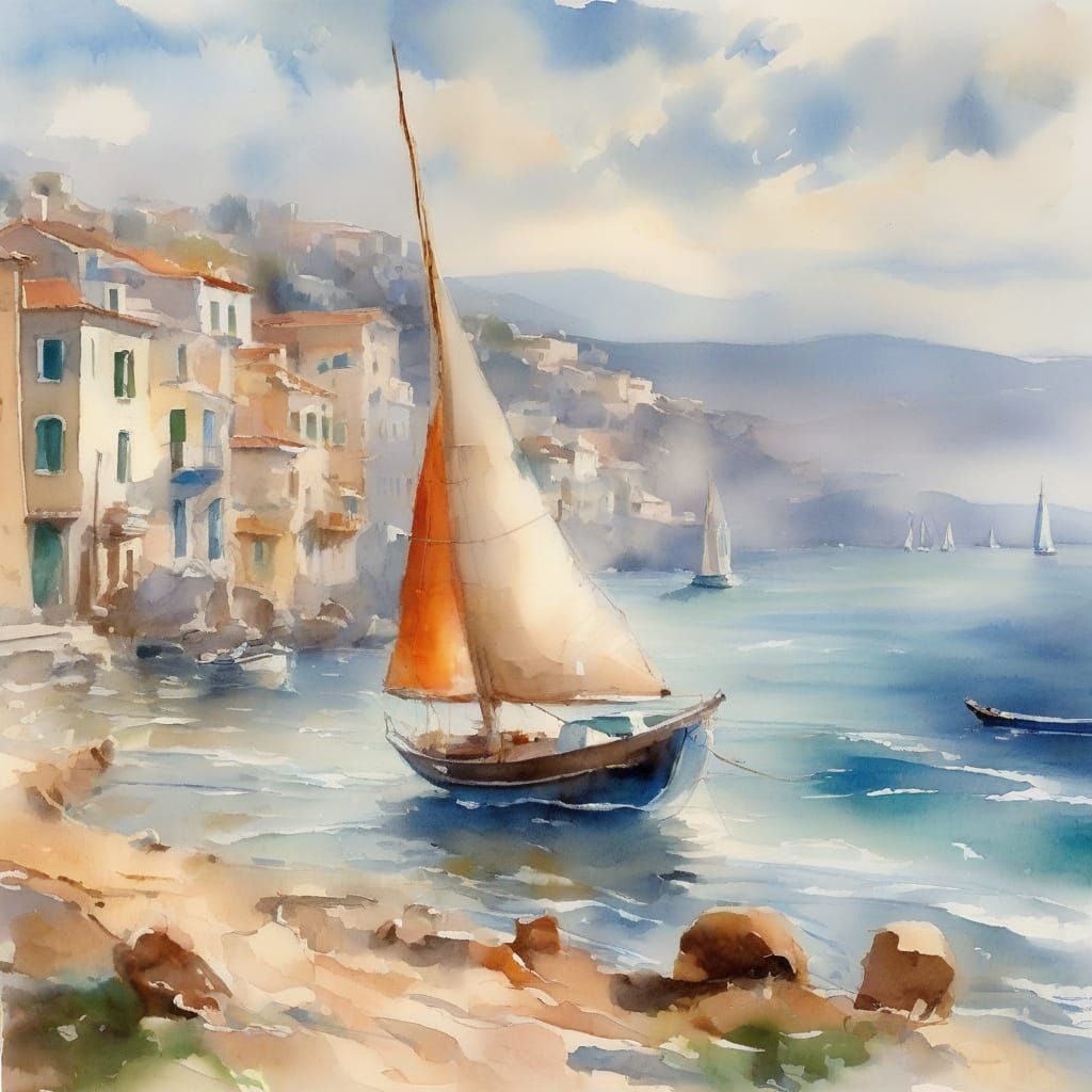 Idyllic Greek Village Scene by the Sea in Watercolor