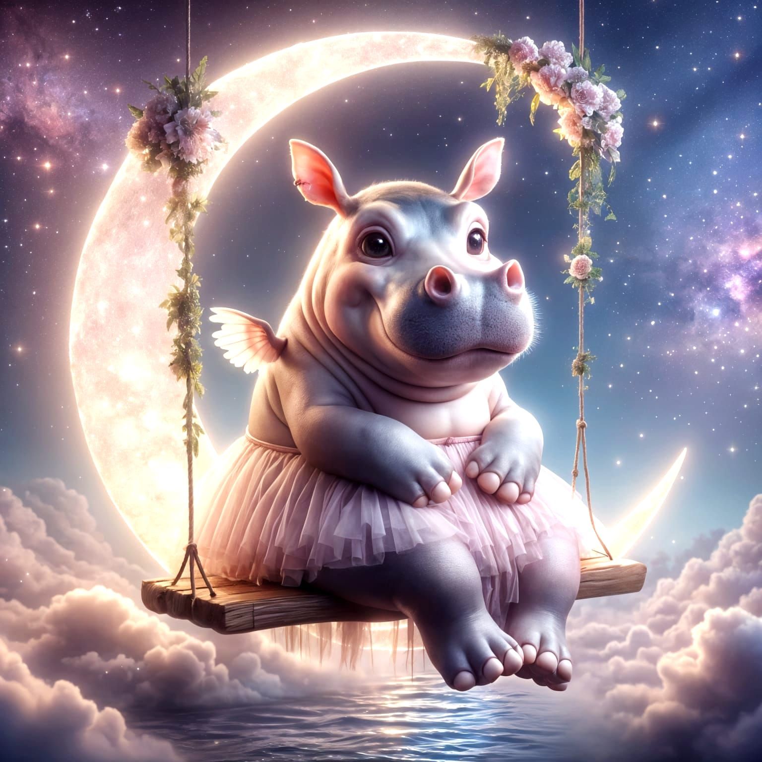 Hippo-Pig Hybrid on Moon Swing in Dreamlike Nightscape