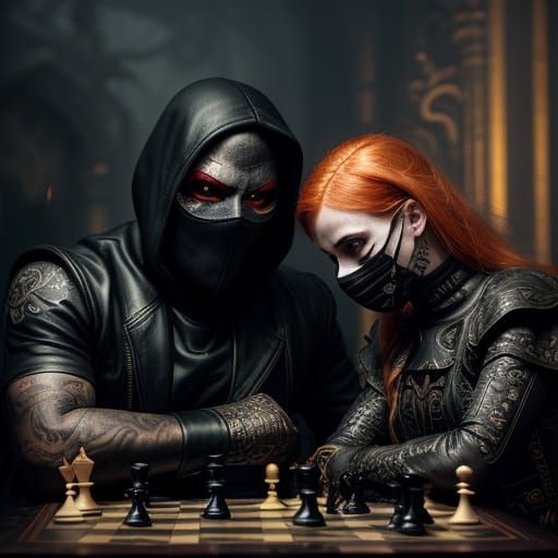 Dark Fantasy Chess Match: Male vs. Masked Female