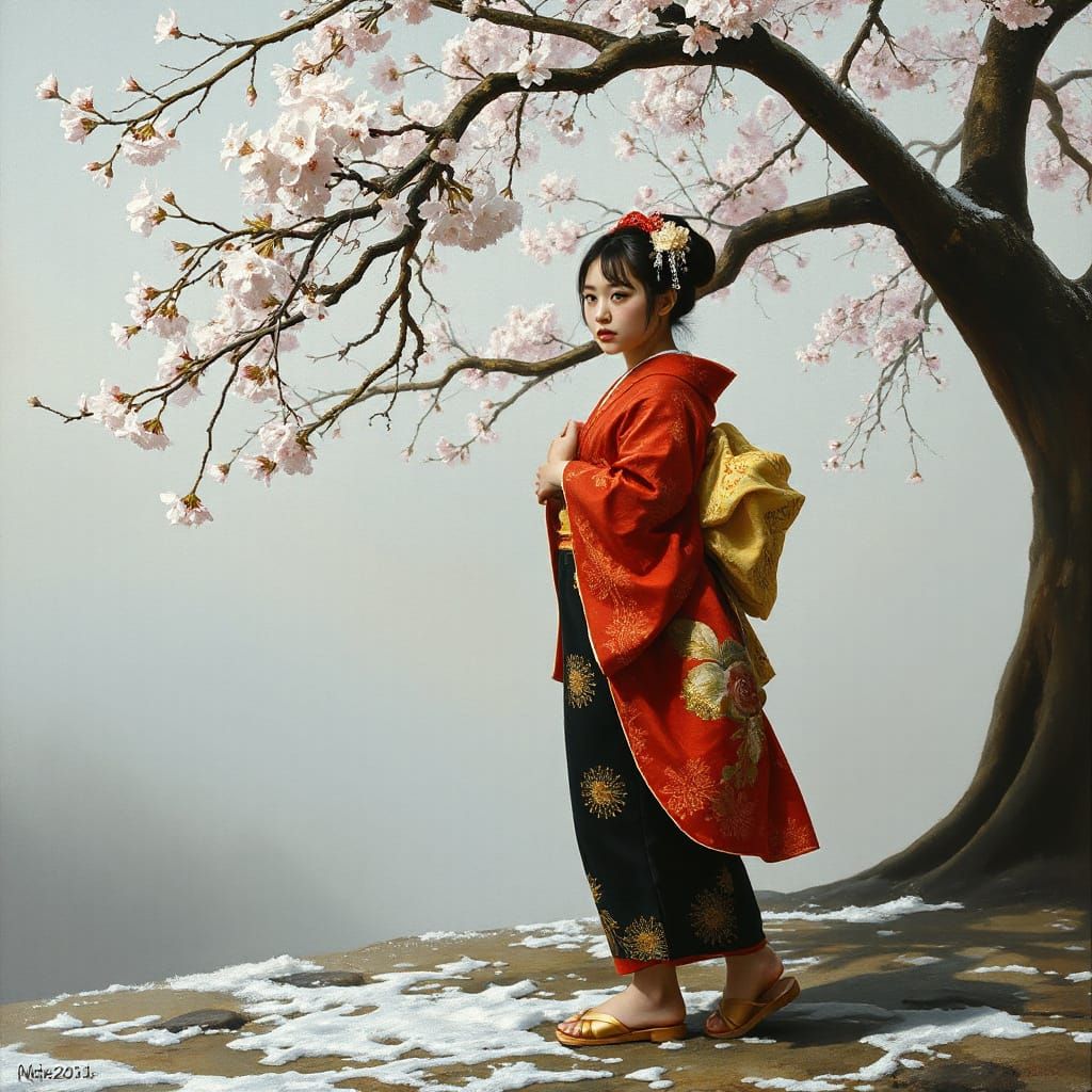 Sad Geisha in Red Kimono Under Cherry Blossoms