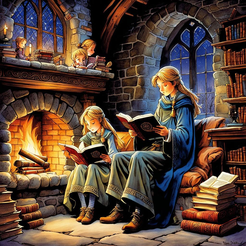 Medieval Sibling Reading Scene in Anime Style