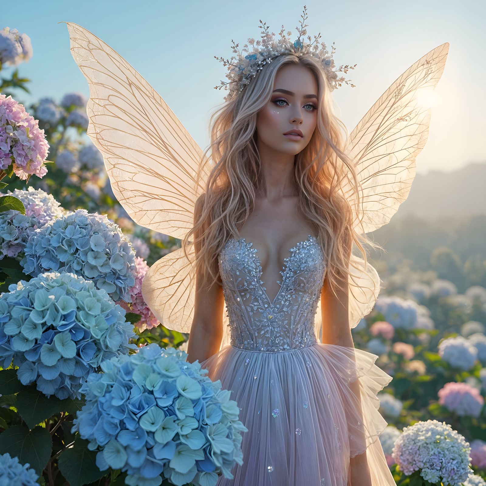 Ethereal Fairy Princess Amidst Hydrangeas in Opal-Inspired R...