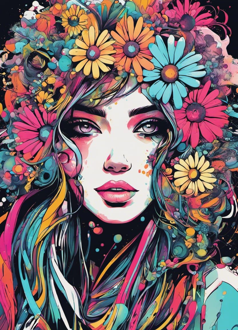 Daisy Woman in Inkpunk Glitchcore Style