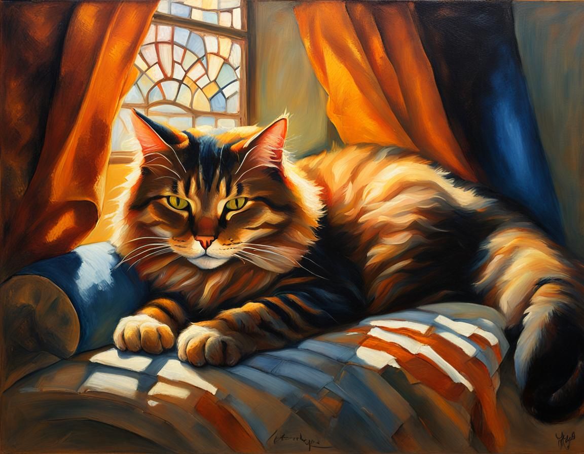 Cat Sleeping on Pillow in Rembrandt Style