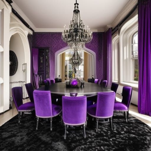 Black granite gothic penthouse with Black granite walls with purple labradorite accents& Silver Gothic windows with purp...