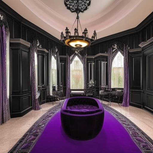 Black granite gothic penthouse with Black granite walls with purple labradorite accents& Silver Gothic windows with purp...