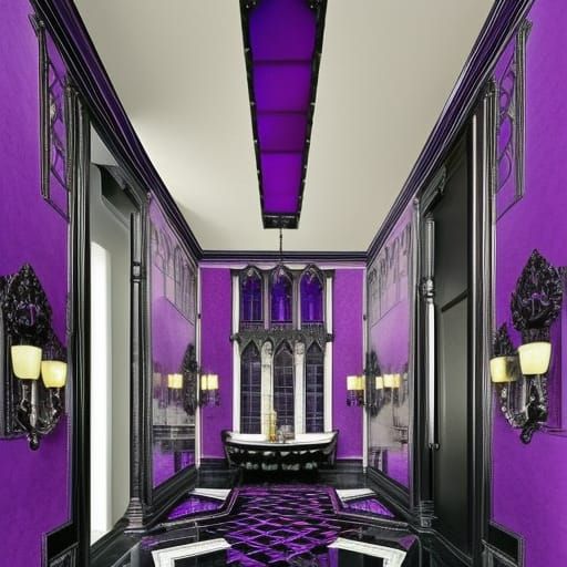 Black granite gothic penthouse with Black granite walls with purple labradorite accents& Silver Gothic windows with purp...