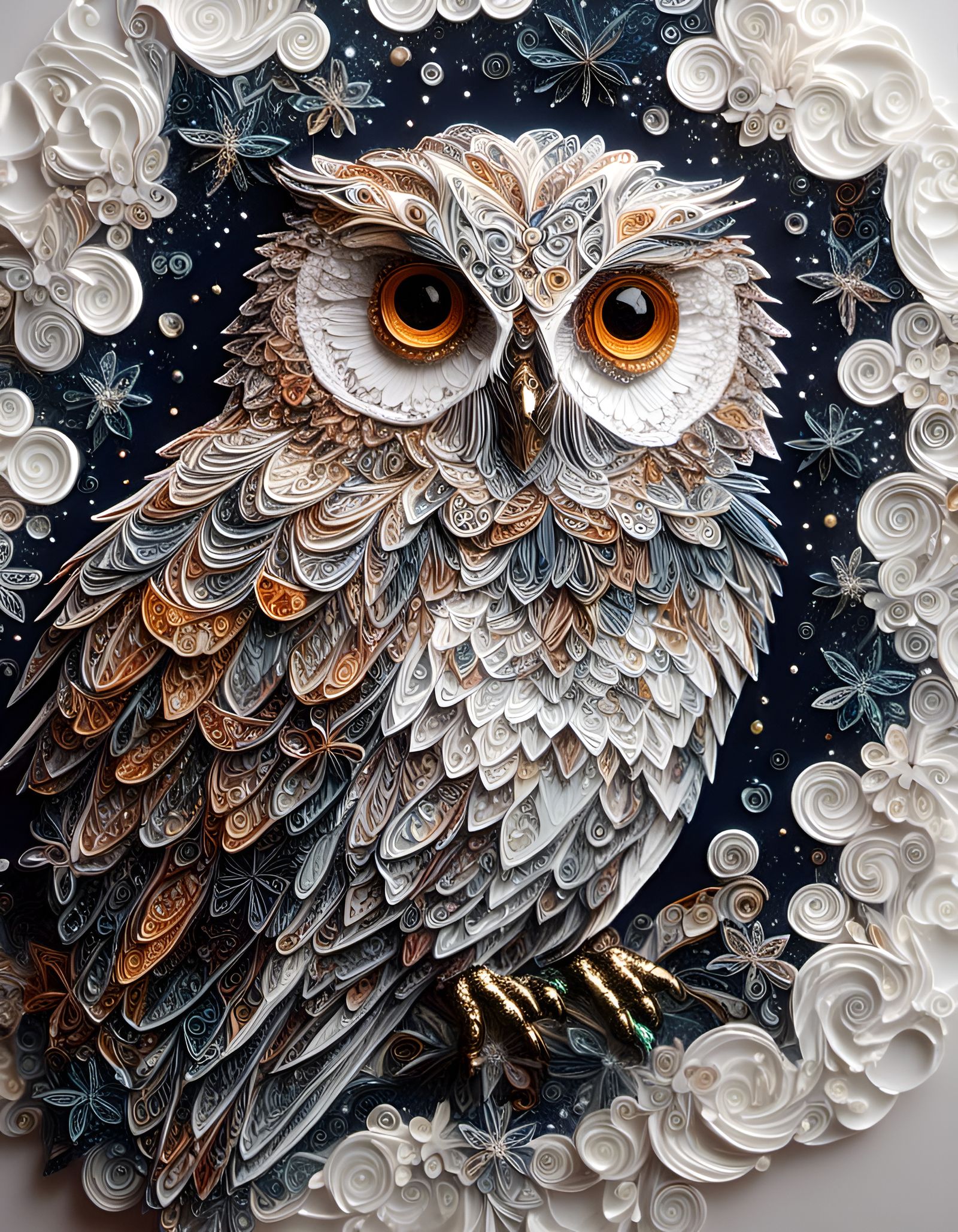 Elegant Owl Portrait with Moonlit Line Details