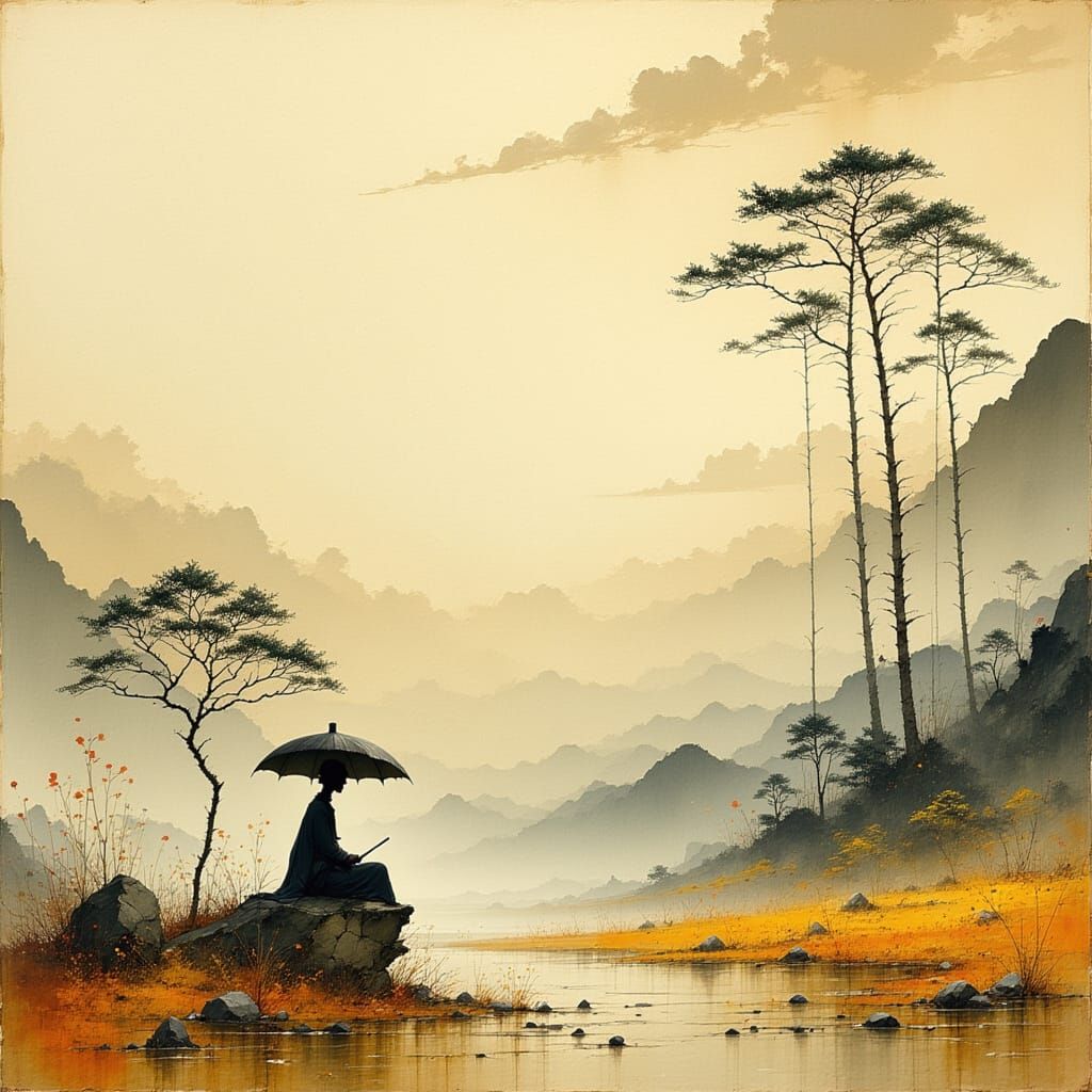 Yamato-e Landscape with Wise Elder in Japanese Style