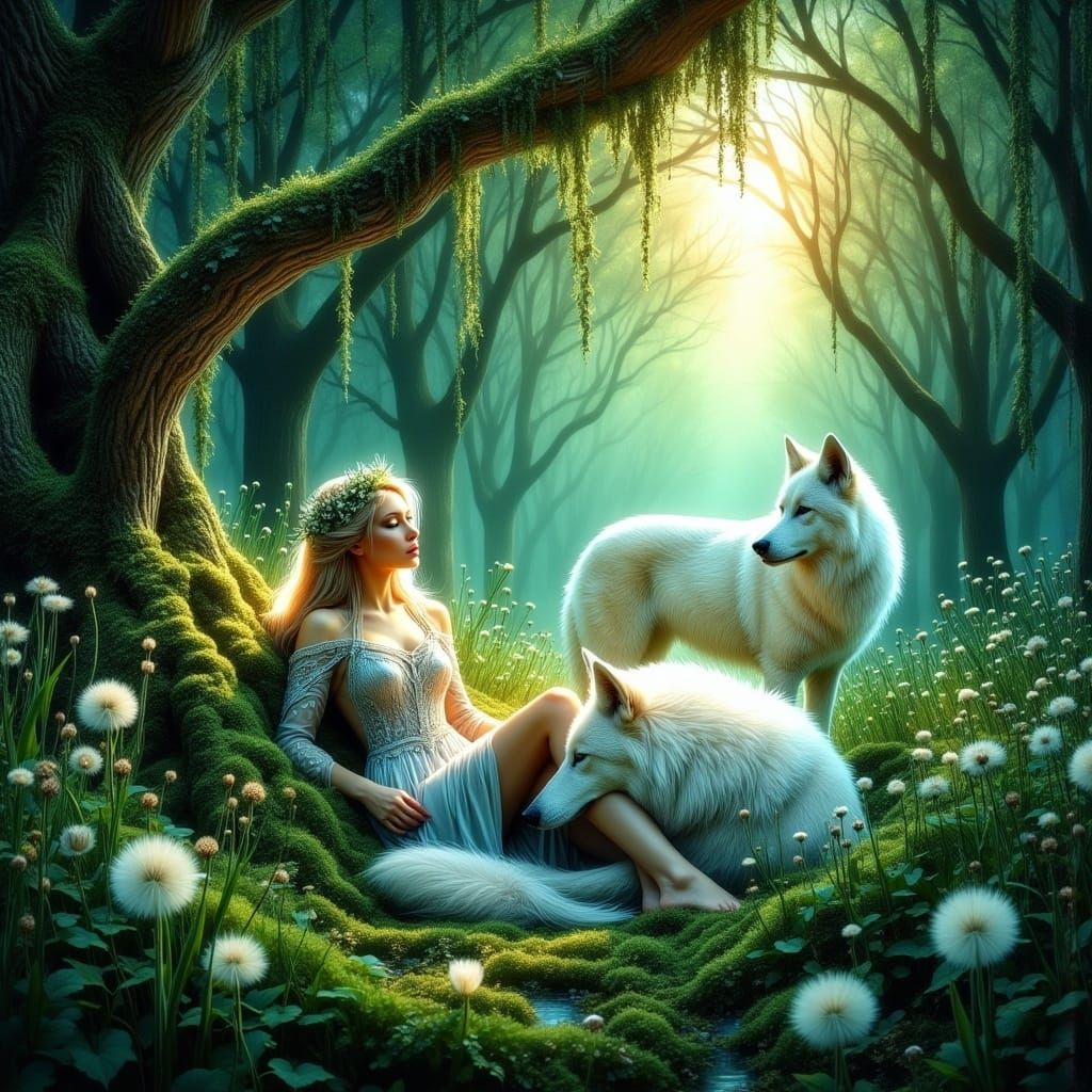 Serene Dryad and Majestic White Wolf in Peaceful Slumber