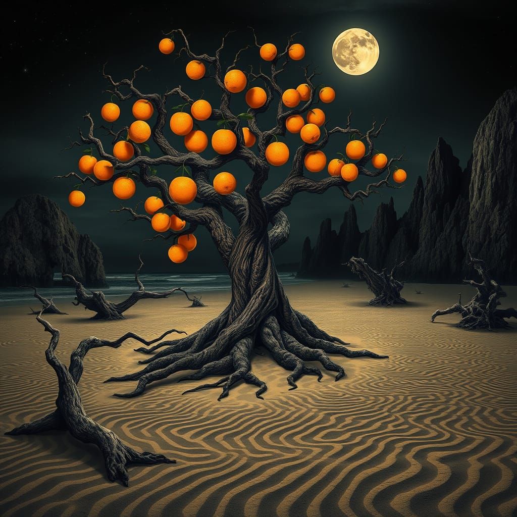 Surreal Moonlit Beach With Glowing Orange Tree