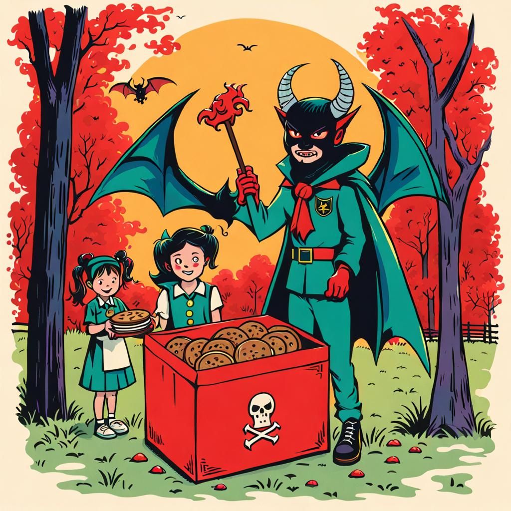 Girl Scout Offers Devil Cookies in the Park