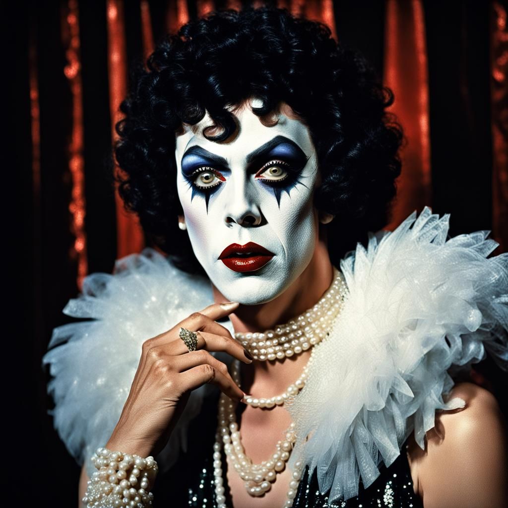 rocky horror picture show tim curry Dr Frank-N-Furter 1975 wearing pearls and glamorous makeup 1920s flapper style