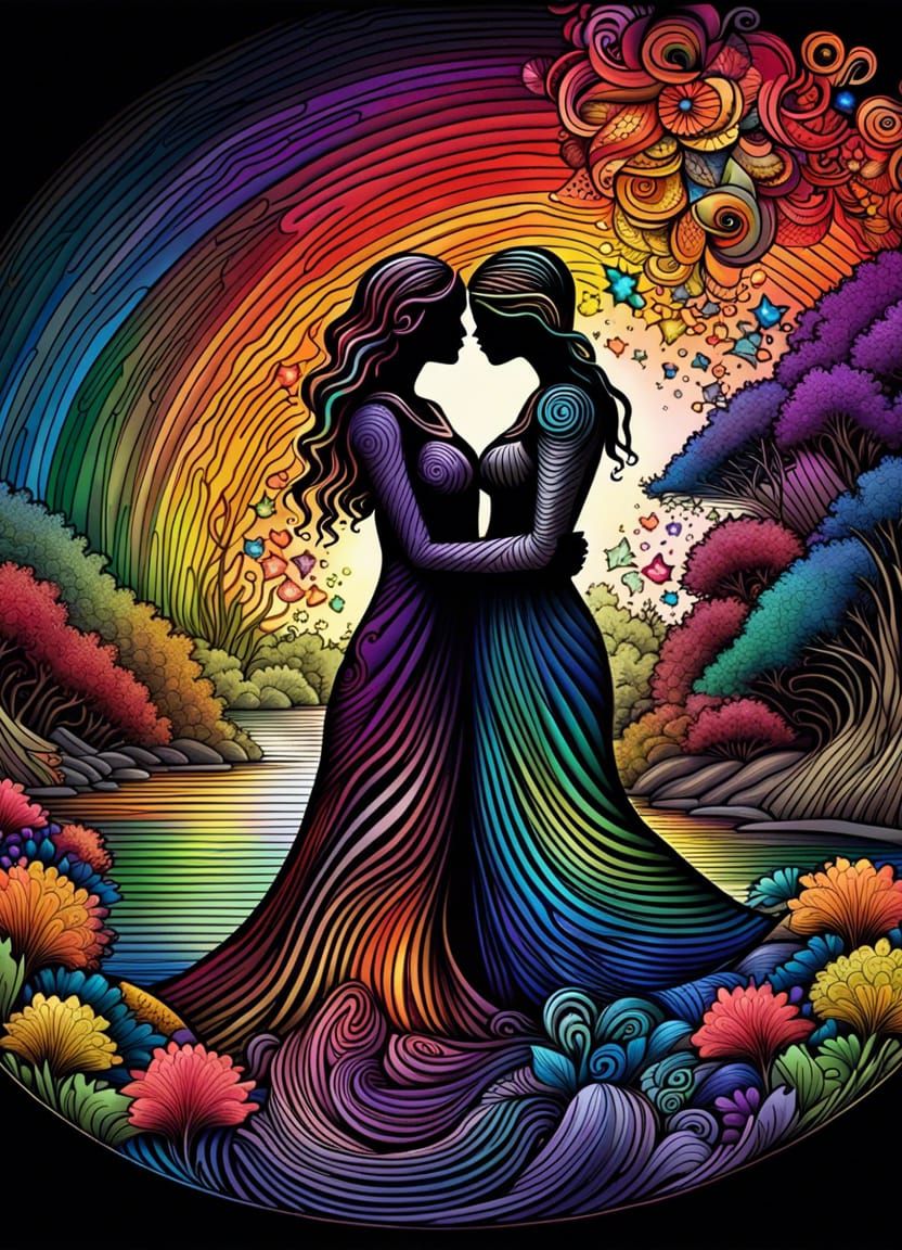 Kissing Lesbian Couple in Rainbow Fractal Art