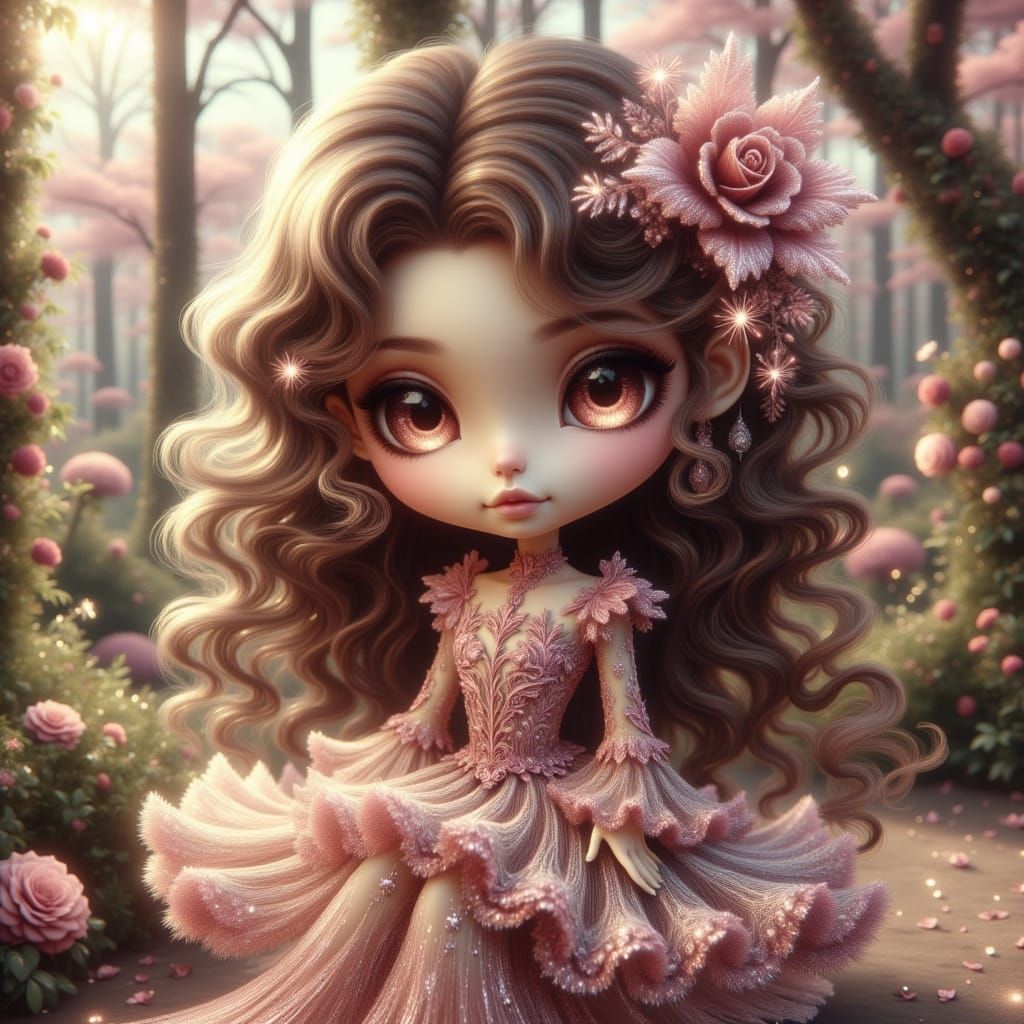 Chibi Girl in Detailed Lacy Dress on Iron Bench
