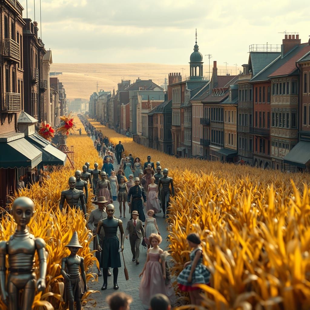 Surreal City Street in Cornfield with Puppet Figures
