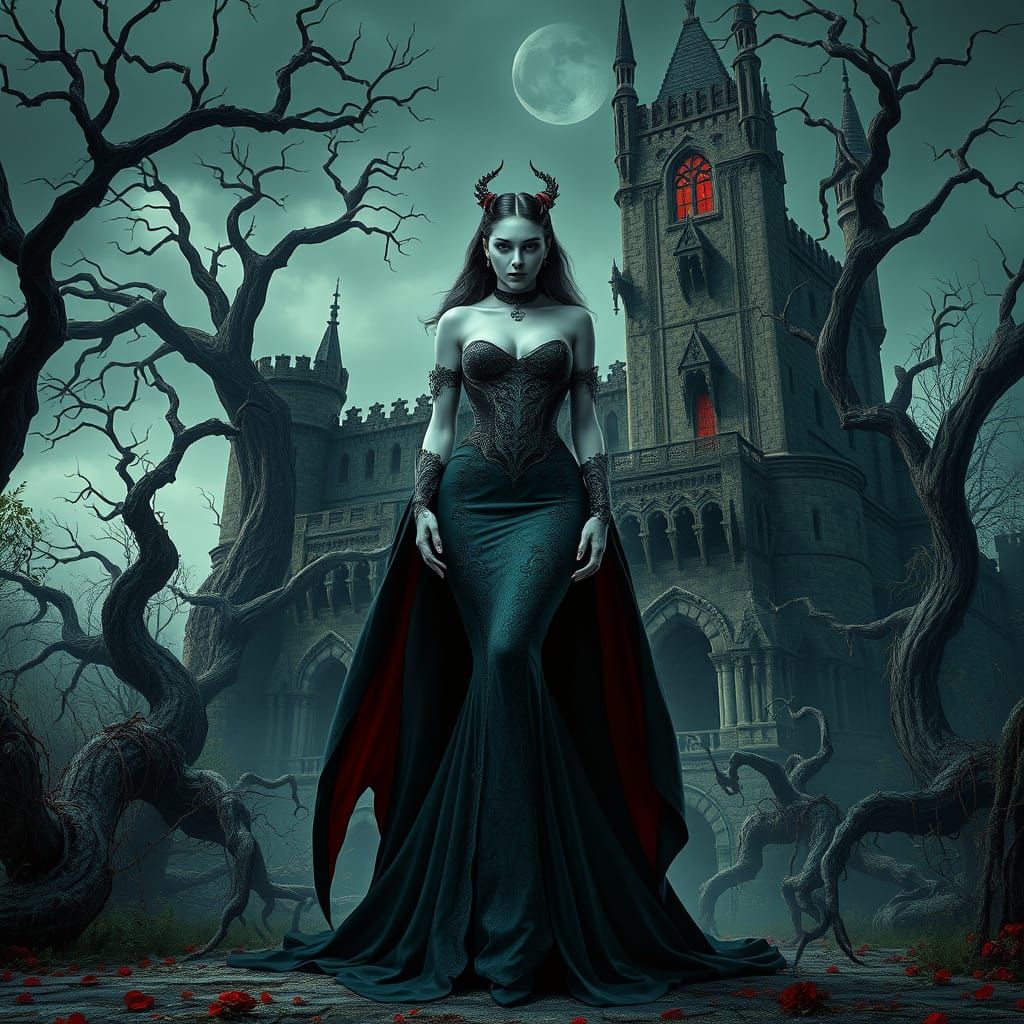 Ethereal Vampire Queen Stands Before Haunted Castle