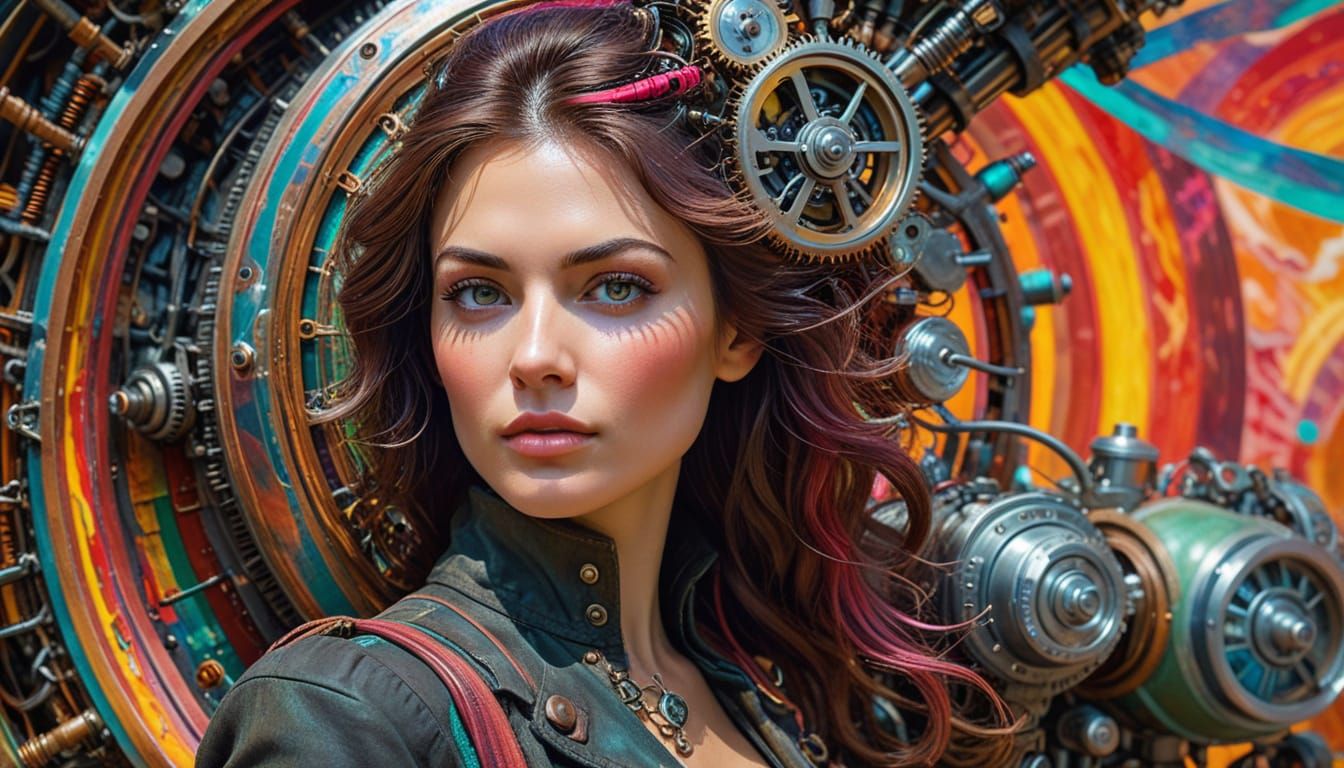 Woman Time Traveler in Steampunk Engine