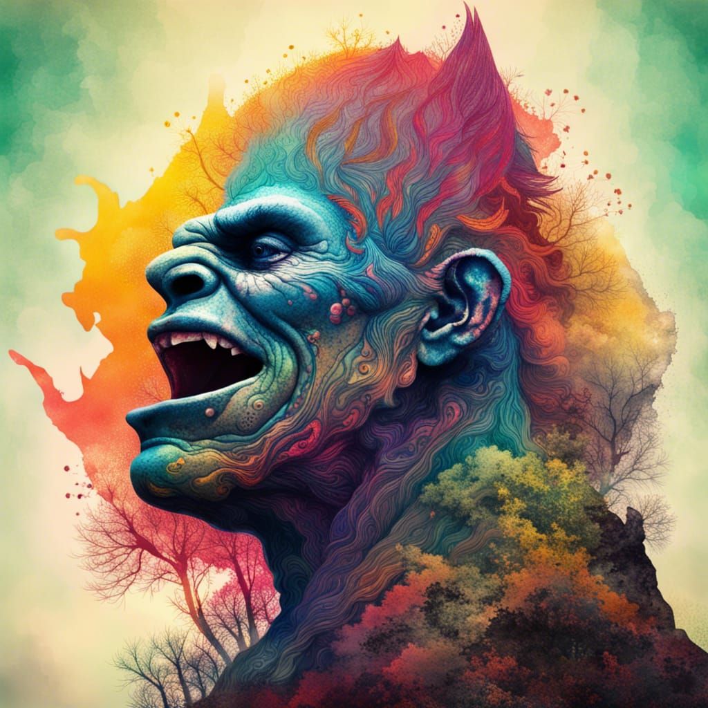 Colorful Double Exposure Mountain Troll Portrait