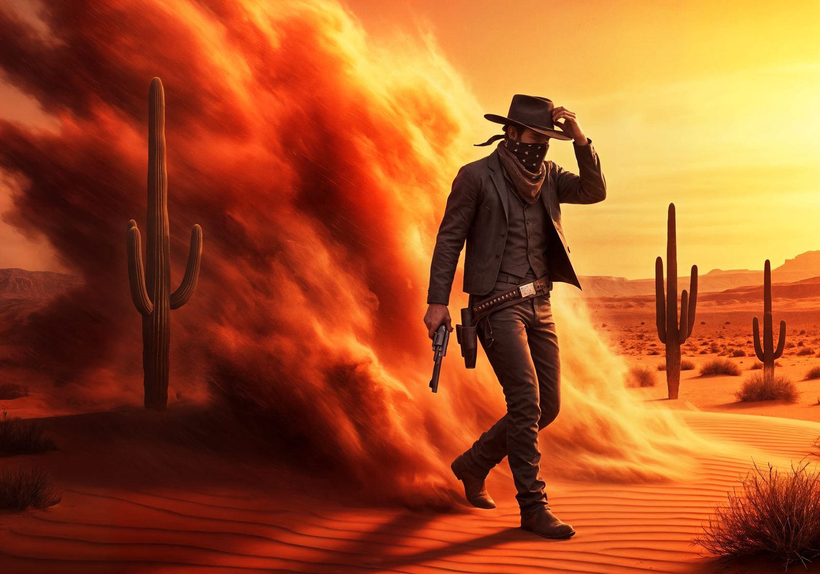 Gunslinger Emerges from Fire-Red Sandstorm in Desert