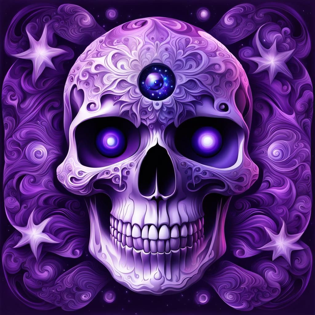 Purple Galaxy Inside Glass Skull with Fractal Patterns