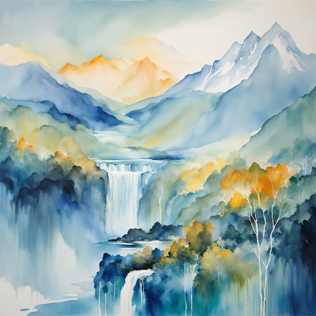 Majestic Mountains in Soft Watercolors with Paint Drips