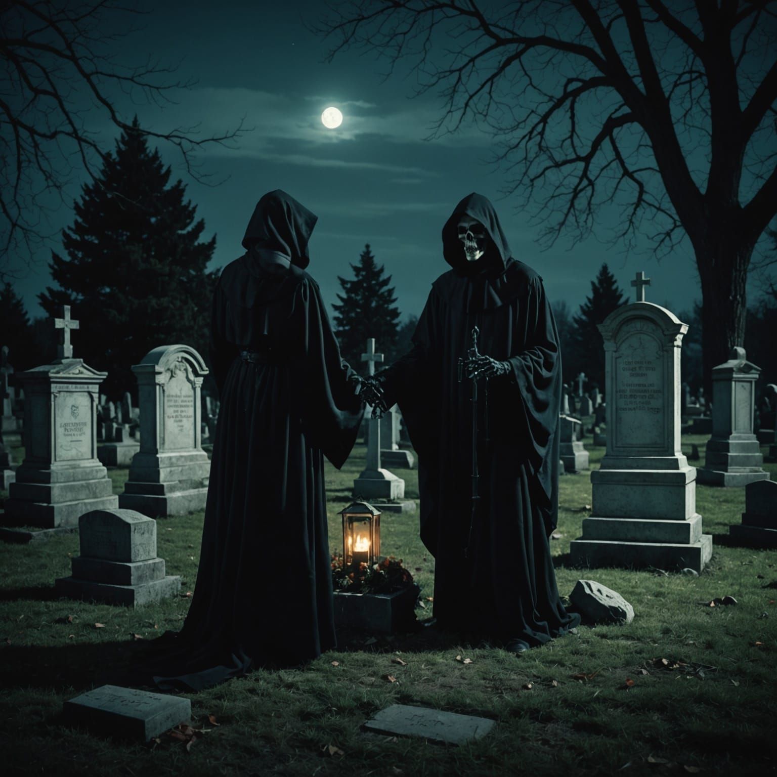The Grim Reaper in Dark Surrealistic Cemetery Scene