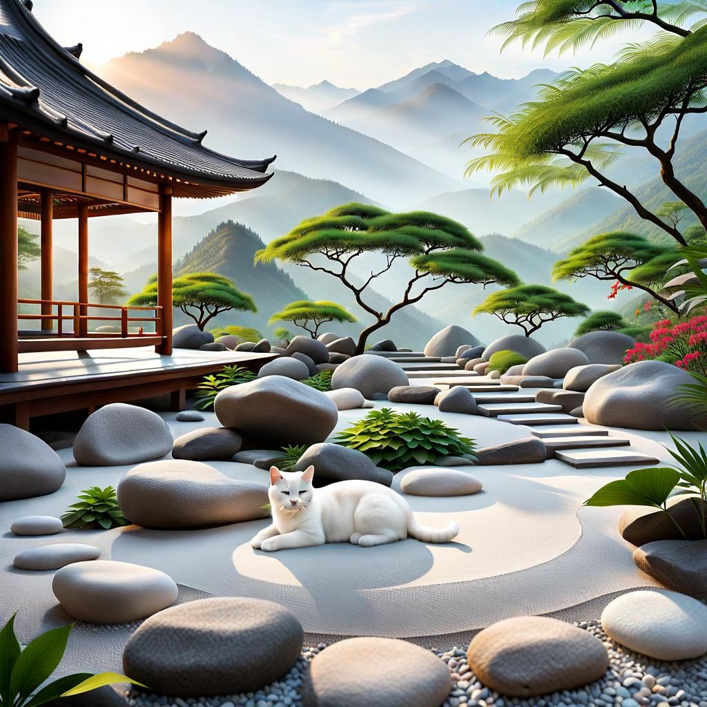 White Cat in Zen Garden at Dawn
