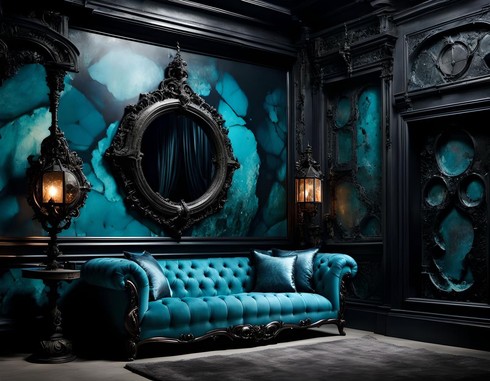 Submerged Gothic Ruins with Dark Larimar Wallpaper