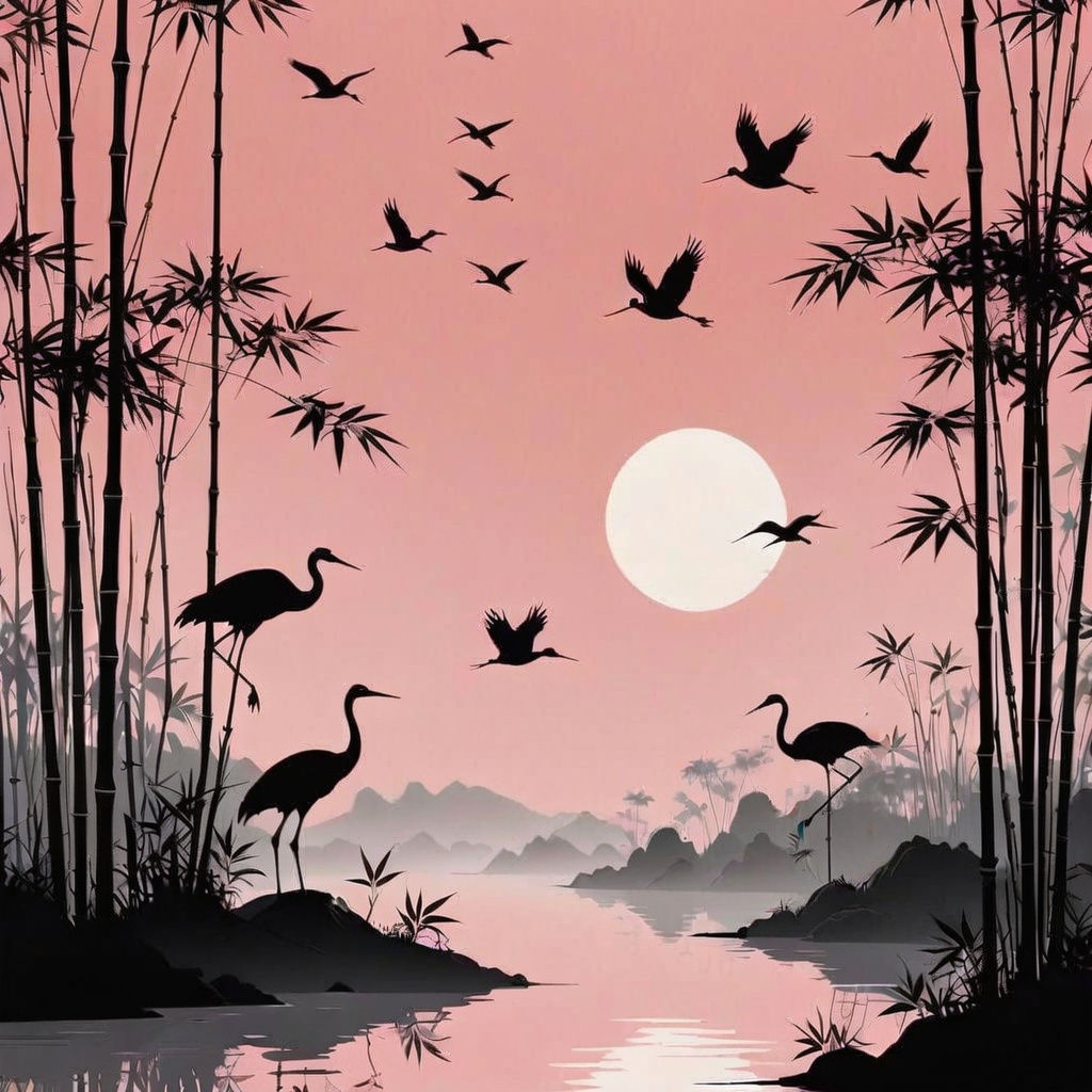 Pink, Gray, and Black Bamboo Crane Silhouettes