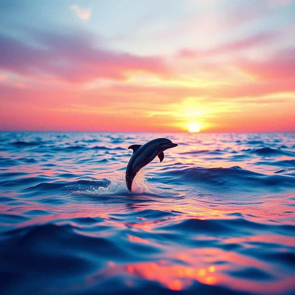 Dolphin Leaps at Sunset: Ultra-Realistic Watercolor Painting
