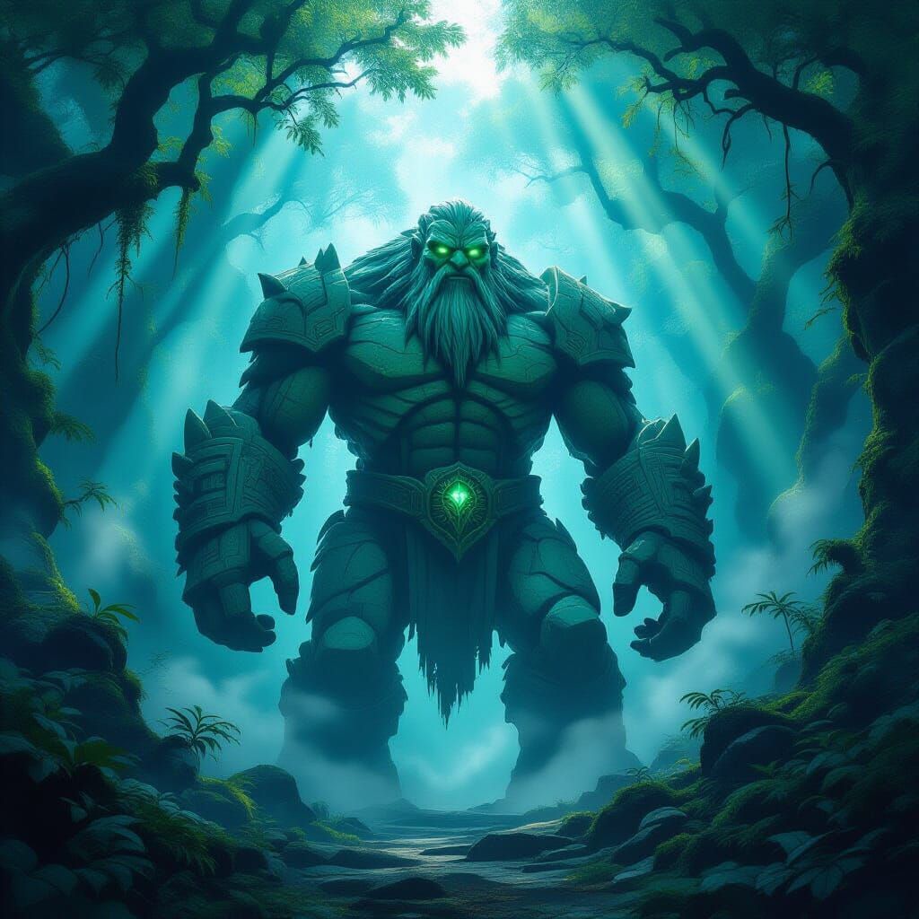 Stone Golem Guards Hidden Elven City in Bioluminescent Fores...